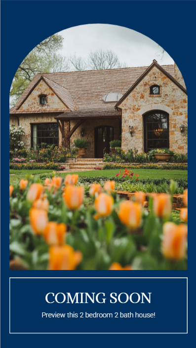 Coming Soon ad with stone cottage and tulips