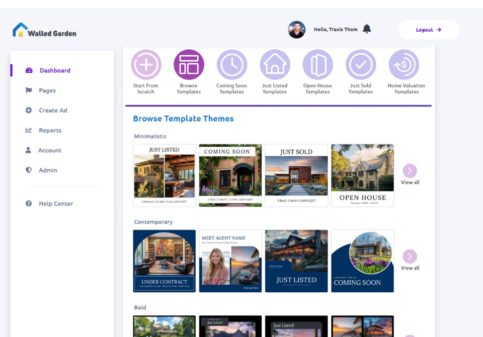 Walled Garden template dashboard showing 100+ categorized Facebook ad templates for real estate