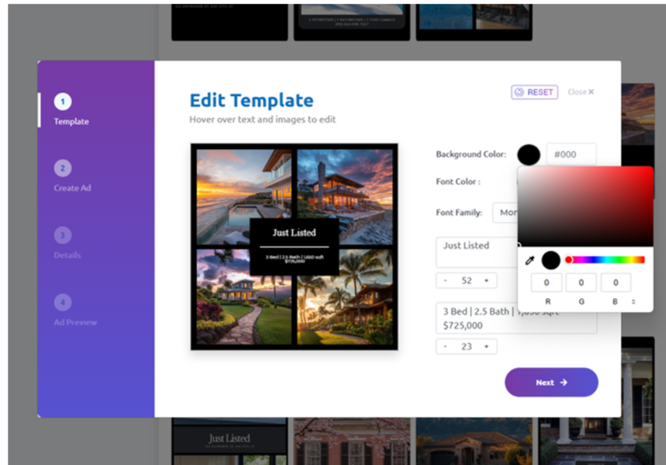 Walled Garden template editor with drag-and-drop customization for Facebook ads